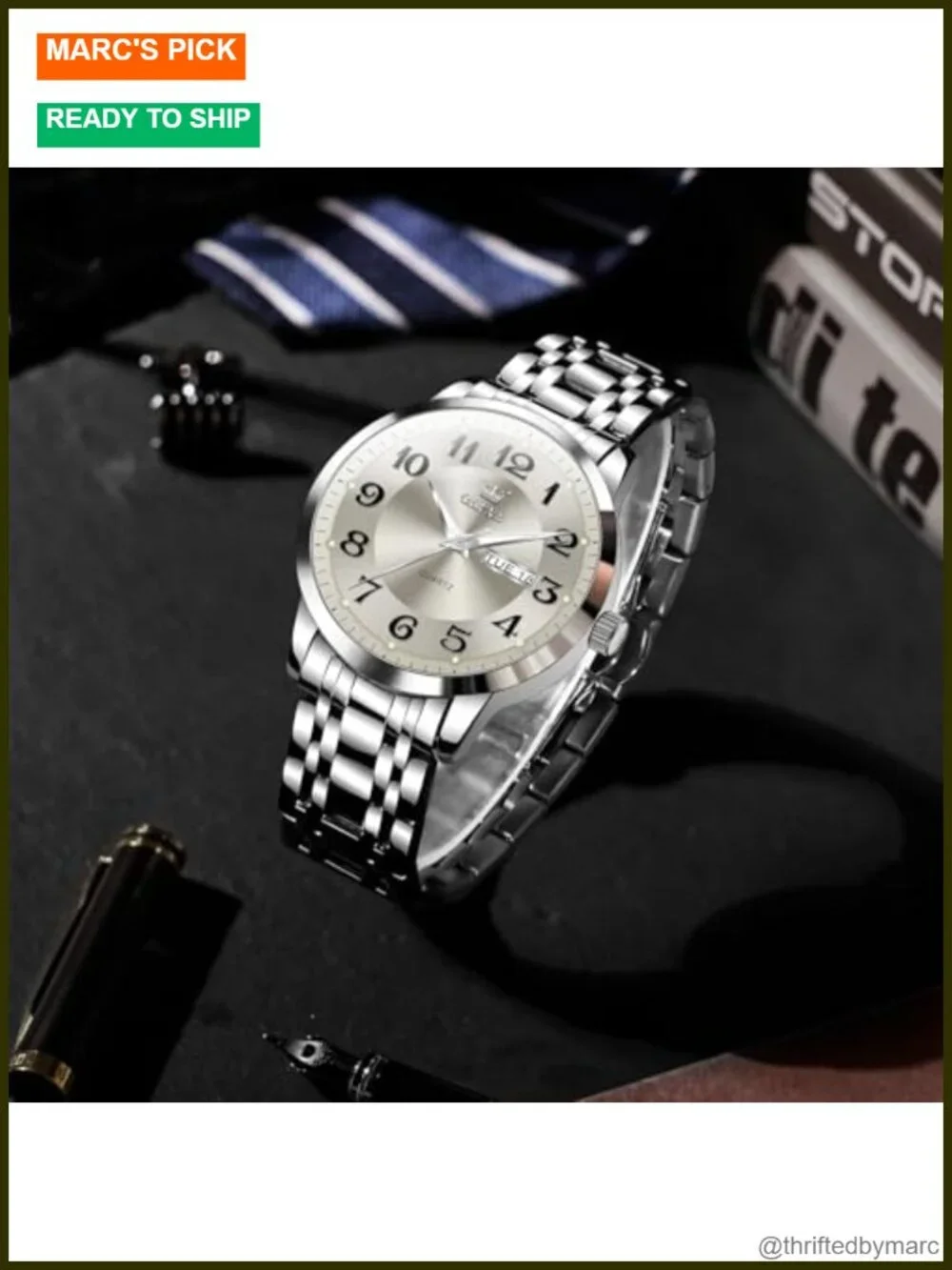 Big Dial Men's Watch Day Date Stainless Steel Quartz Analog Waterproof 40mm